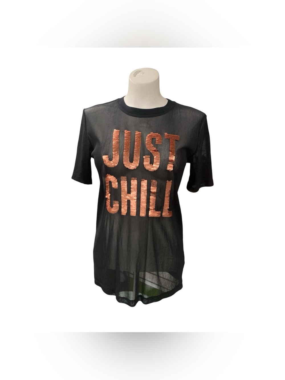 Forever 21 Black Short Sleeve Tee with Rose Gold Sequin 'JUST CHILL' Lettering